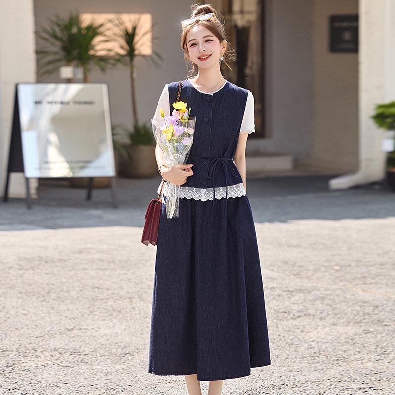 Chic 2025 Summer Denim Skirt Set: Slimming Vest & Midi Skirt for Women