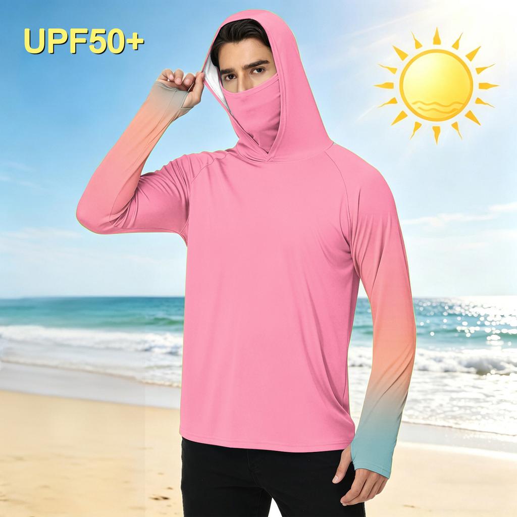 Men's Outdoor Casual Gradient Print Hooded Long Sleeve Sun Protection Shirt Lightweight Breathable Quick Dry Sports Top