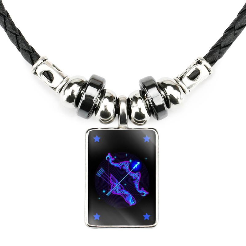 Unique Geometric Shape Zodiac Sign Pendant On Black Leather Rope Necklace