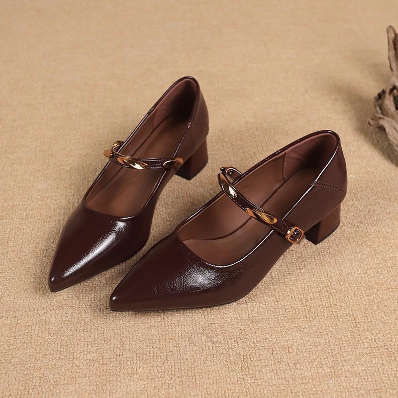 Korean Version of Thick Heel Mary Jane Retro Small Leather Shoes Women's 2025 New Autumn Pointed Head Shallow Mouth Retro Word with Single Shoes