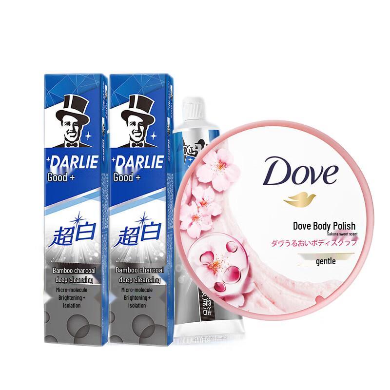 Семейный набор: Зубная паста Darlie с углем и Гель-скраб для тела Dove