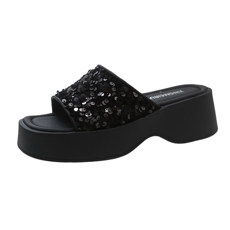Fashion Chic Black Sequined Chunky Slides | Elevated & Eye - Catching, Perfect for Summer Daily & Street Looks
