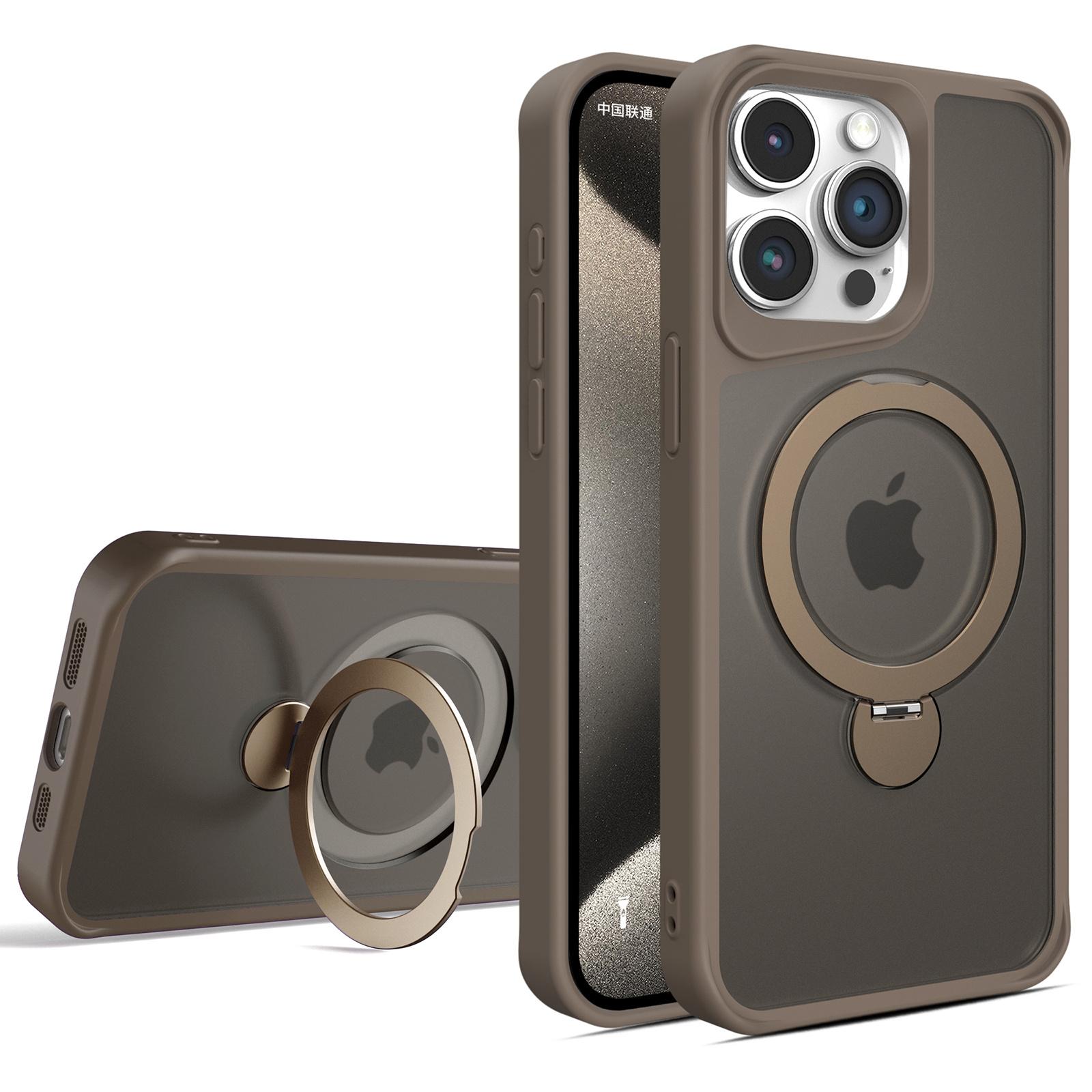 

For iPhone 14 Pro Max Magnetic Case PC+TPU Ring Kickstand Phone Cover Coffee