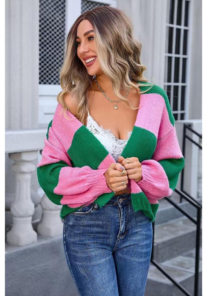 2026 Autumn/Winter Women’s Plus Size Color Block Knit Cardigan Sweater