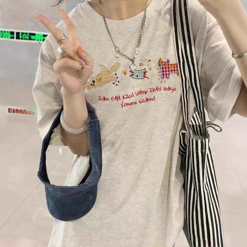 Summer Loose Casual Lovely Printing Cotton Tee Women Short Sleeve T-shirt Female Harajuku Vintage Top