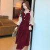 Abito da donna a tubino finto due pezzi stile coreano-francese, snellente, elegante, a maniche lunghe, patchwork, un pezzo