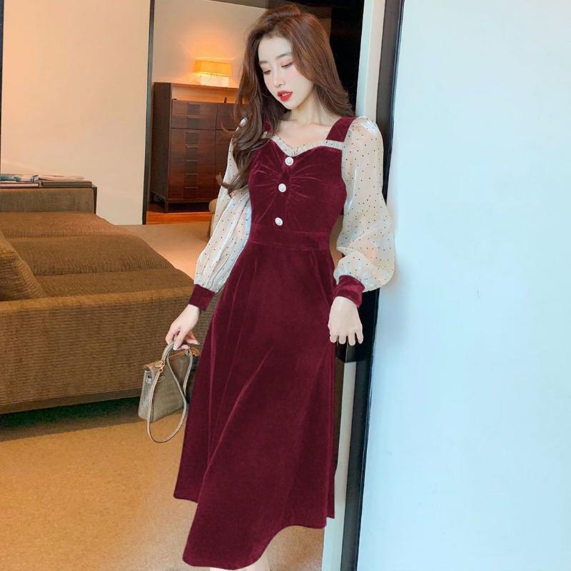 Abito da donna a tubino finto due pezzi stile coreano-francese, snellente, elegante, a maniche lunghe, patchwork, un pezzo