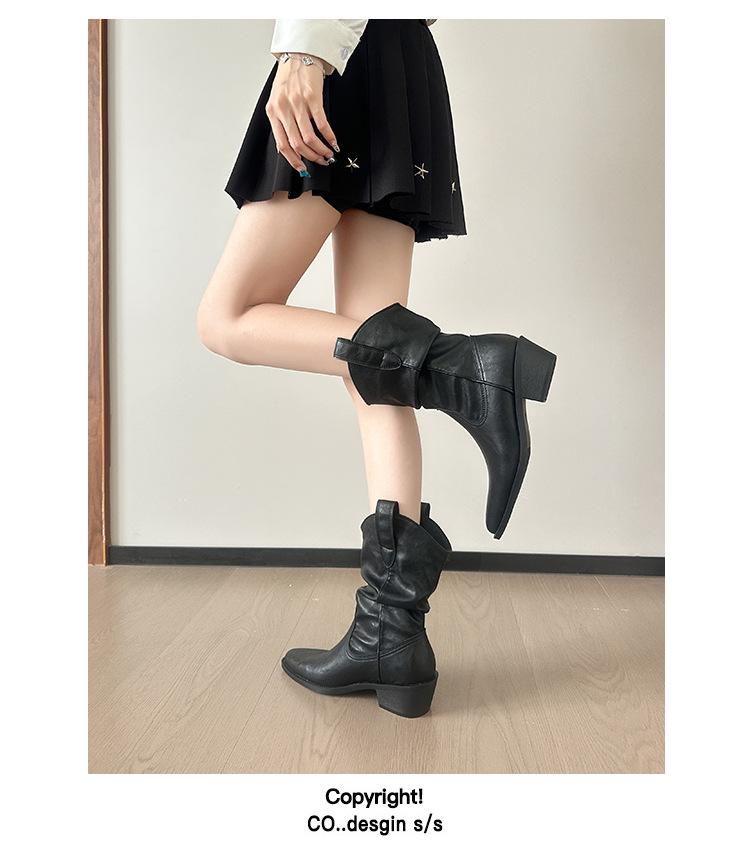 Stiefel im Scheunenstil, mittelhoch, Reitstiefel: Melaard Klobiger Absatz, Spitze Zehenpartie, Retro Slouchy Slip-On Stiefeletten