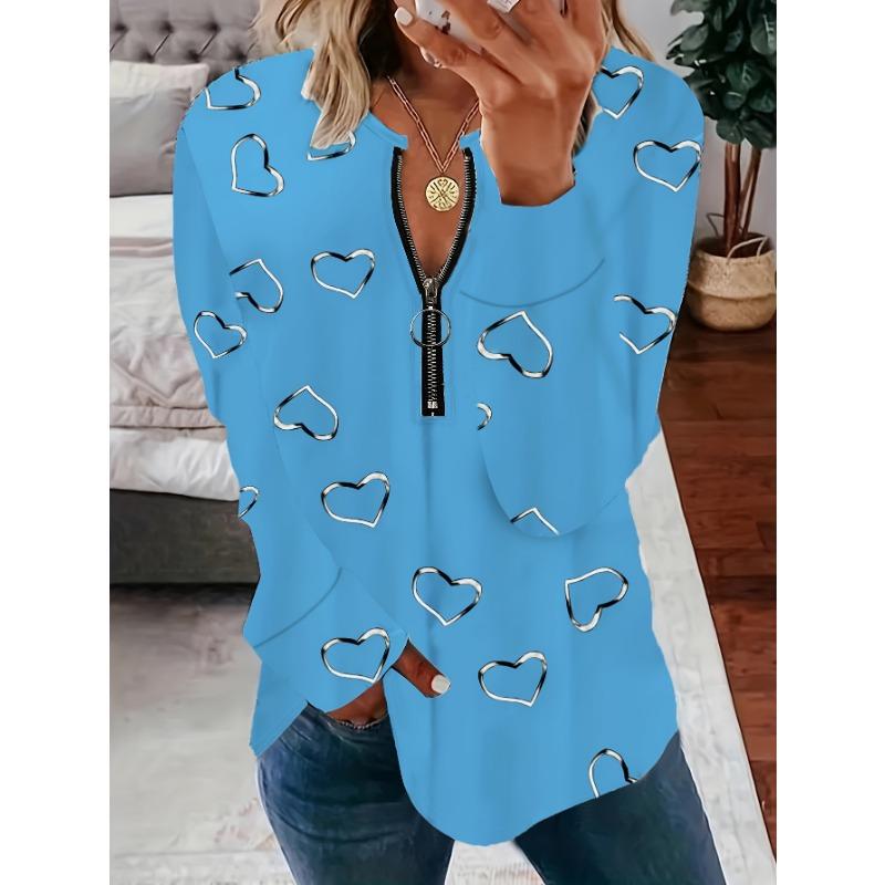 

Plus Size eyelet hollow heart-shaped printed zipper long-sleeved top autumn and winter women s casual T-shirt with light stretch 2XL