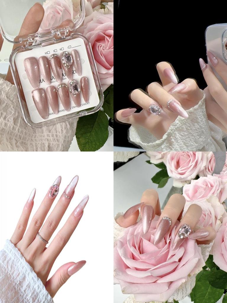 Original Photographyhandmade Nail Patch For Therapy New Trendy Luxury Long Cat Eye Nail With Sparkling Gems S44 Almond Love Girl)