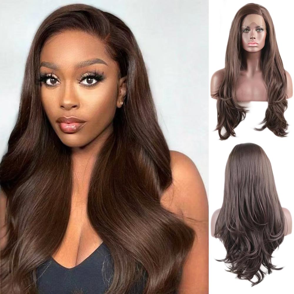 Dark Brown Natural Wave Wig Synthetic Lace Front Wig Glueless Natural Hairline Heat Rsistant Fiber Hair For Women Daily Wear
