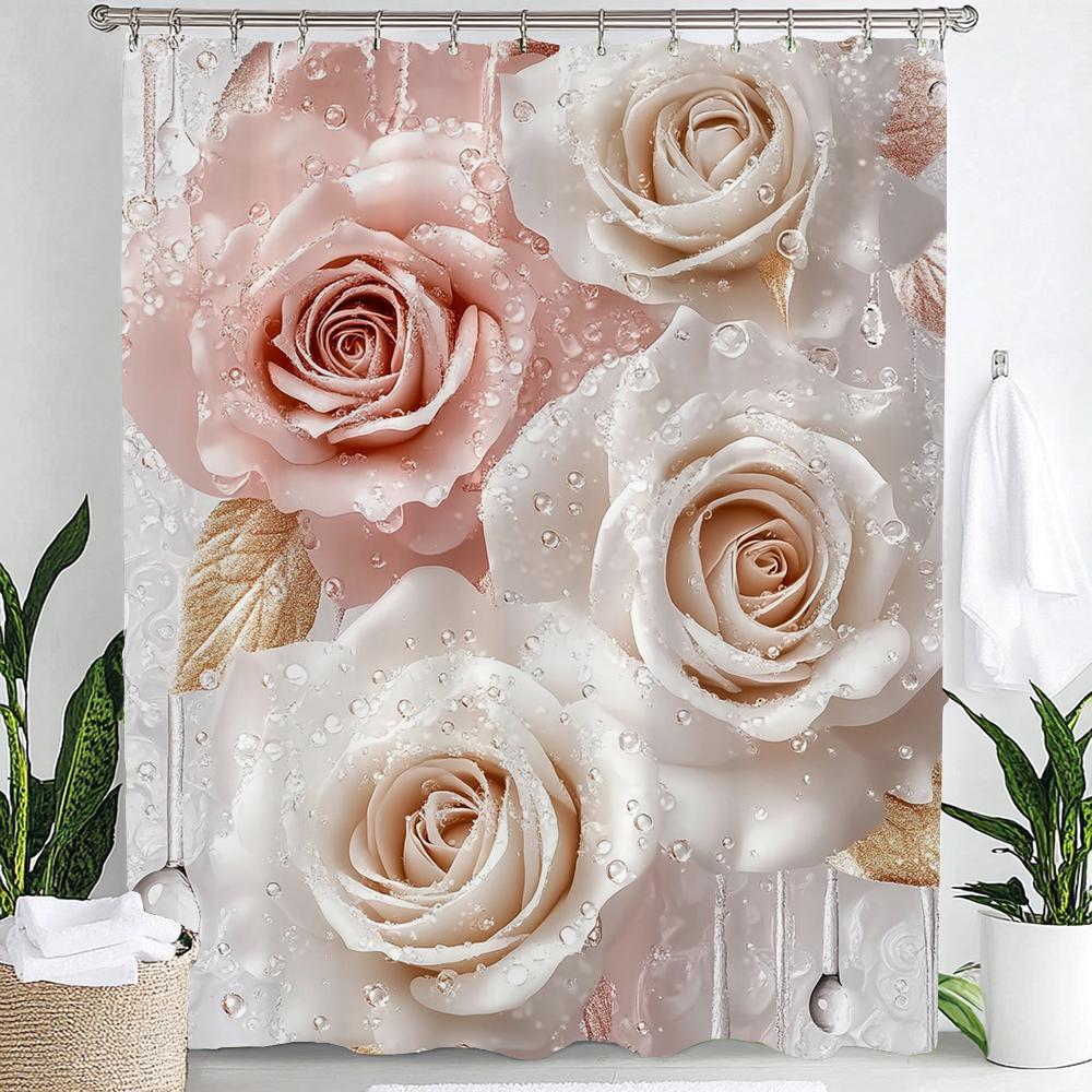 Rosa Blumen Duschvorhang für Damen, Braut, Hochzeit, Rosa Blumen, Romantisch, Geeignet für Mädchen, Hängender Vorhang Mit Haken