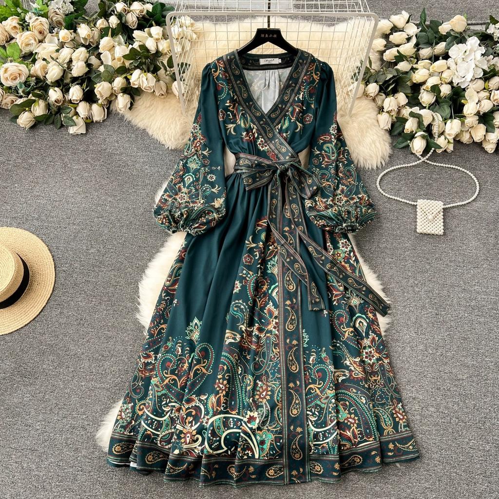 Robe Longue Wrap Imprimé Cachemire à Col en V et Manches Longues pour Femme Taille Moyenne Ceinture à Nouer Robe Longue Élégante Coupe A