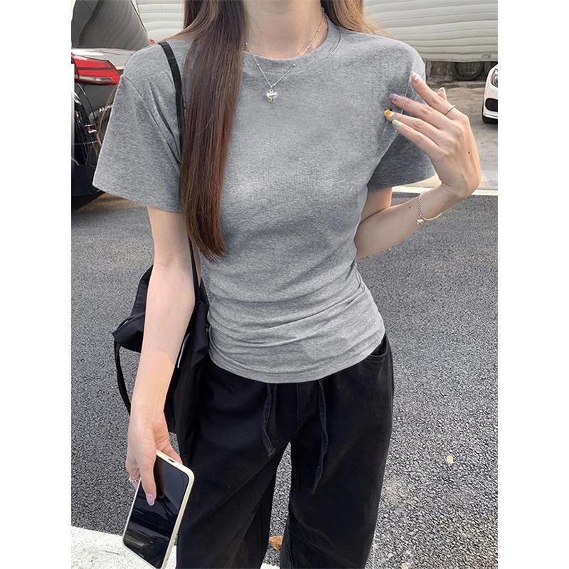 American Pure Cotton Basic Simple Front Shoulder Short-sleeved T-shirt Women's Summer New Spice Girl Meat-covering and Thin Top
