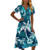 Women’s Short Sleeve V Neck Midi Dress with Tree Print and Striped Pattern Casual Fit for Summer