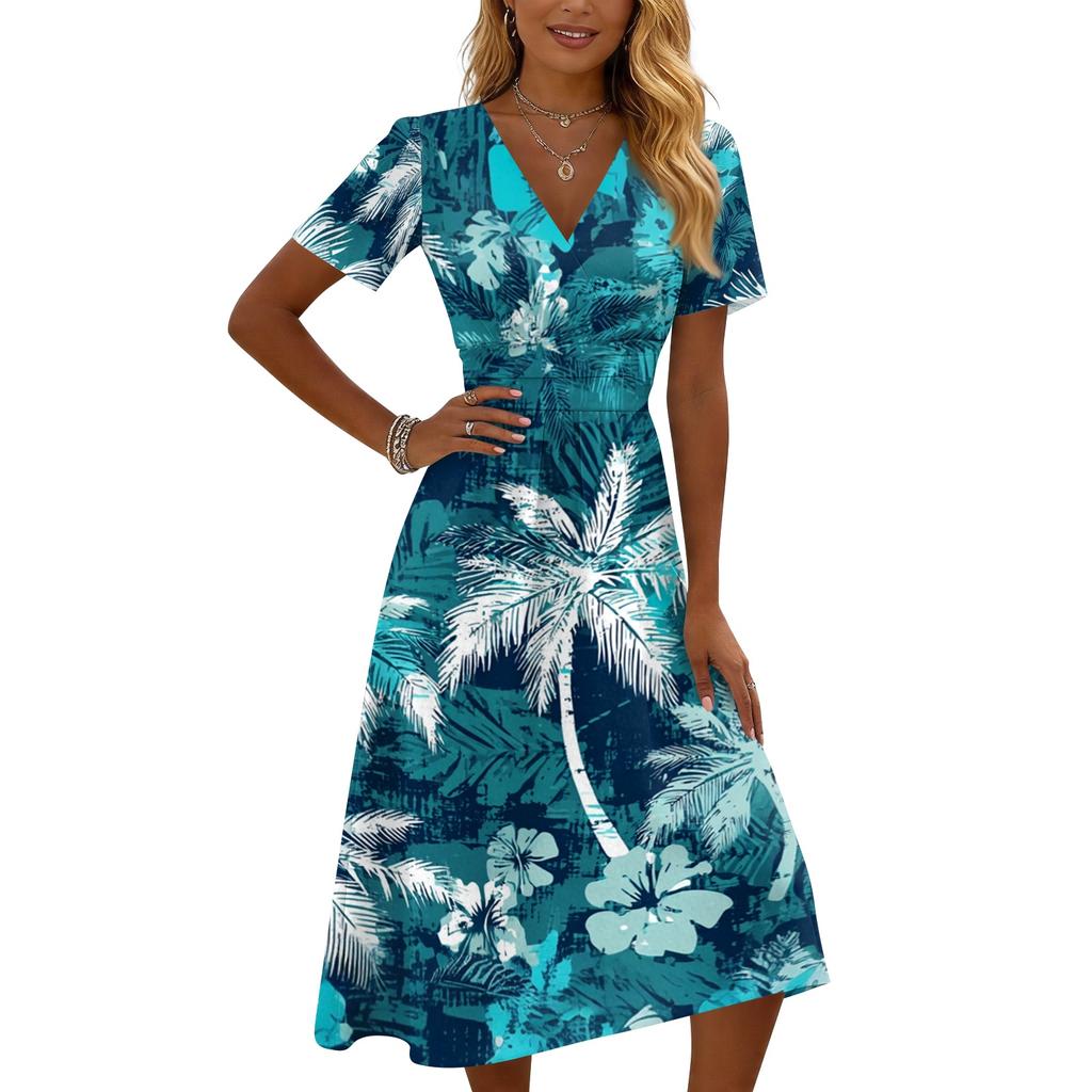 Women’s Short Sleeve V Neck Midi Dress with Tree Print and Striped Pattern Casual Fit for Summer