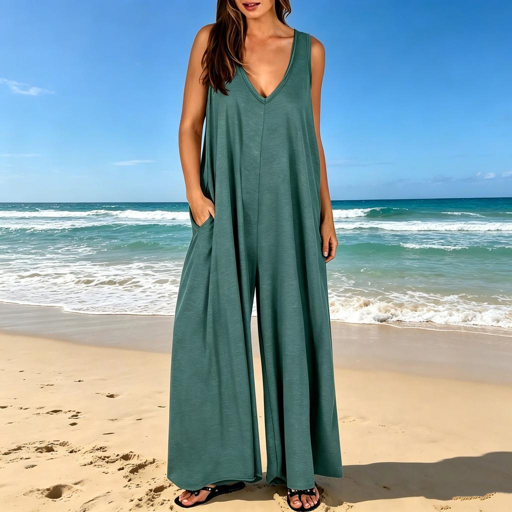 Women's Sleeveless Jumpsuit Wide Leg Pocket Romper V Neck Casual Loose Fit One Piece Outfit