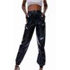 Glänzende, holografische, dehnbare, metallische Jogginghose für Damen, hohe Taille, Sweatpant, Hip-Hop-Club, Rave-Hose