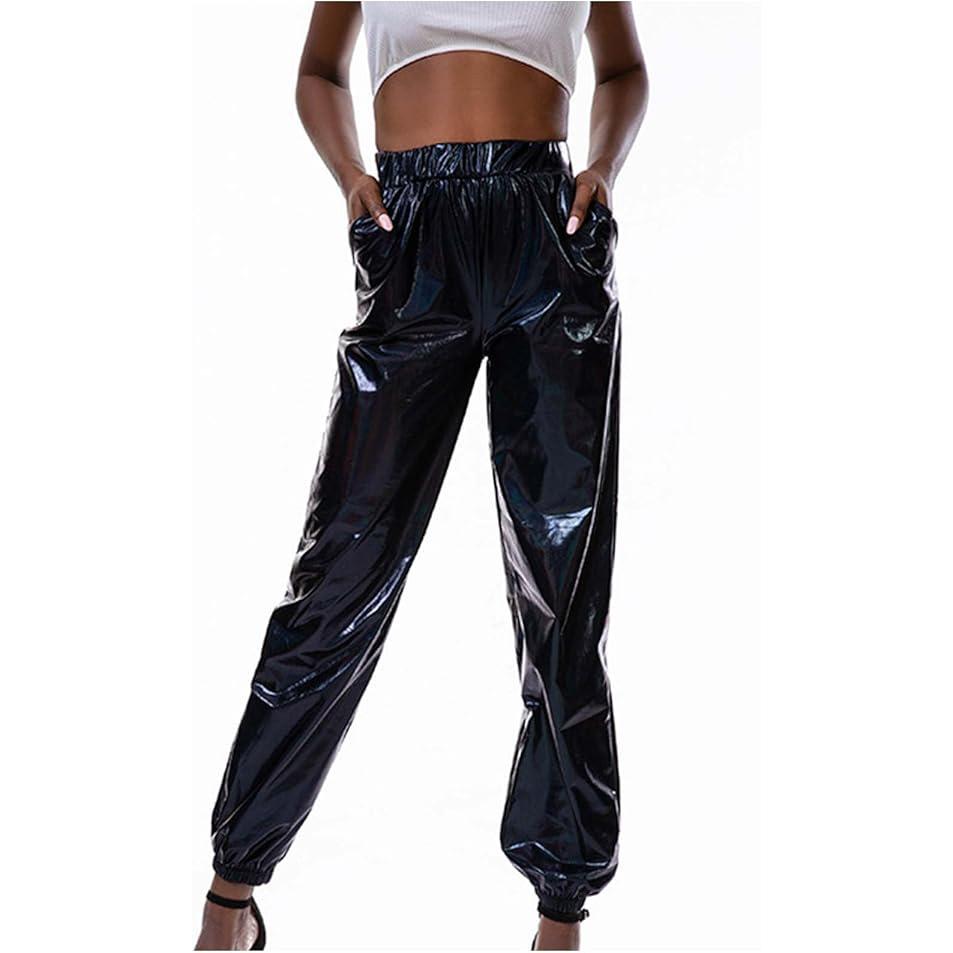 Glänzende, holografische, dehnbare, metallische Jogginghose für Damen, hohe Taille, Sweatpant, Hip-Hop-Club, Rave-Hose