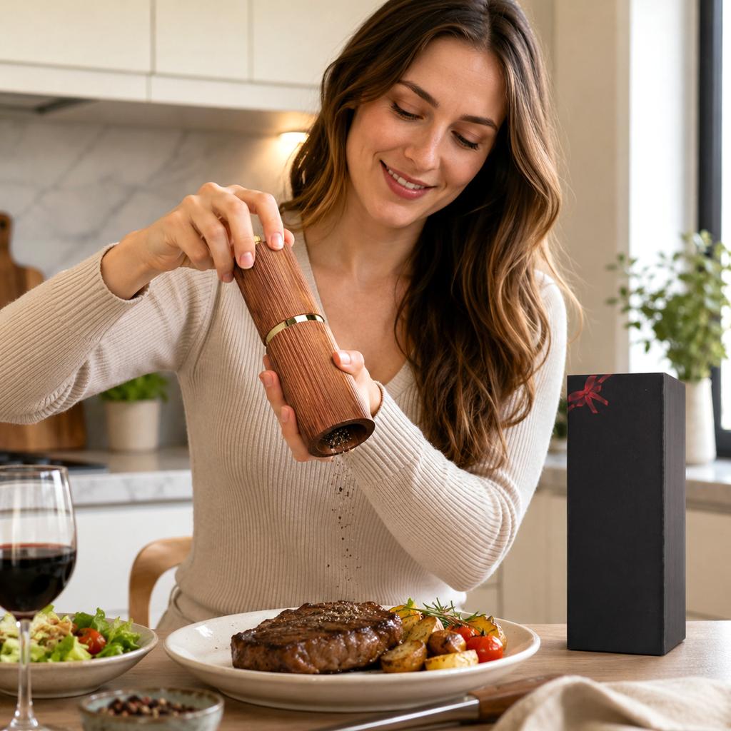 Manual Wooden Pepper Grinder Striped Texture Spice Mill for Sea Salt and Peppercorns with Adjustable Coarseness for Kitchen Restaurant BBQ Use
