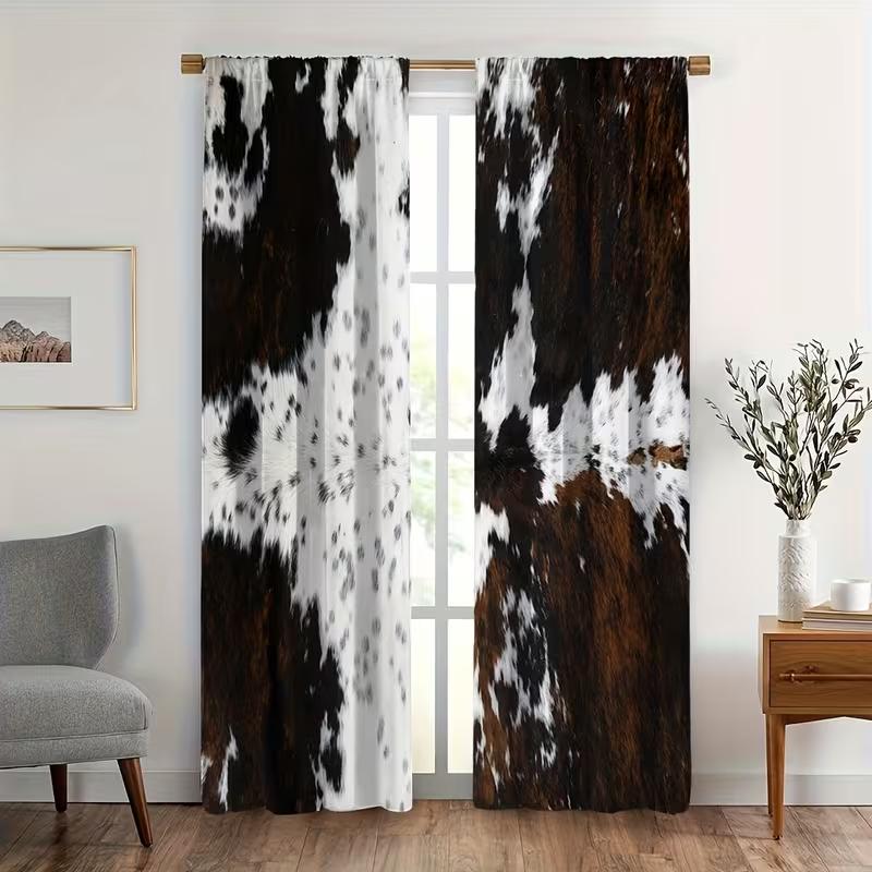 2pcs Cowhide Patterned Curtains, Design for Living Room Bedroom Home Window Decoration, Rod Pocket Curtains
