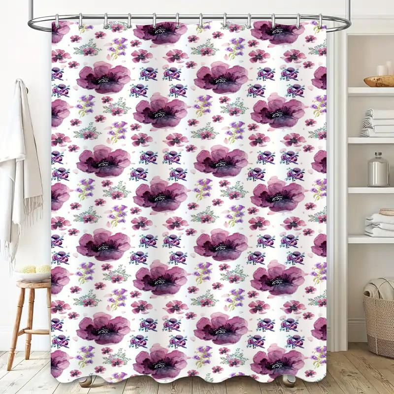 Purple Flower Waterproof Shower Curtain Watercolor Design Decorative Bath Mat For Home Bathroom Decoration (White) [240X180Cm]