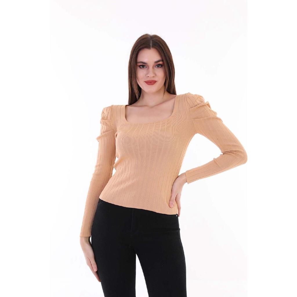 Women's Red Sleeve Pleated Gathered Princess Sleeve Square Collar Blouse Sweater