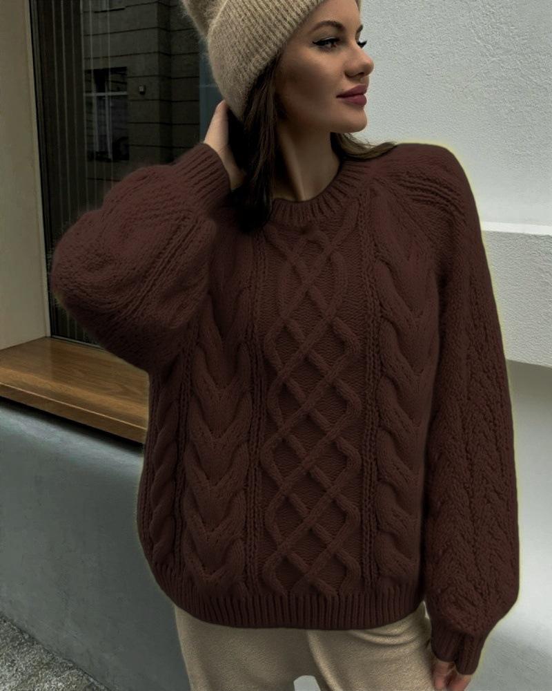 2026 sweater women's crew neck twist pullover autumn and winter lazy wind loose thickened twisted knitted sweater foreign trade women