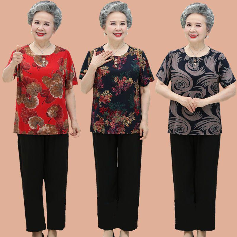 Summer Outfit: Short-Sleeve Top & Pants Set for Women in Their 60s and 70s - Cotton Silk Blend for Middle-Aged and Elderly Comfort