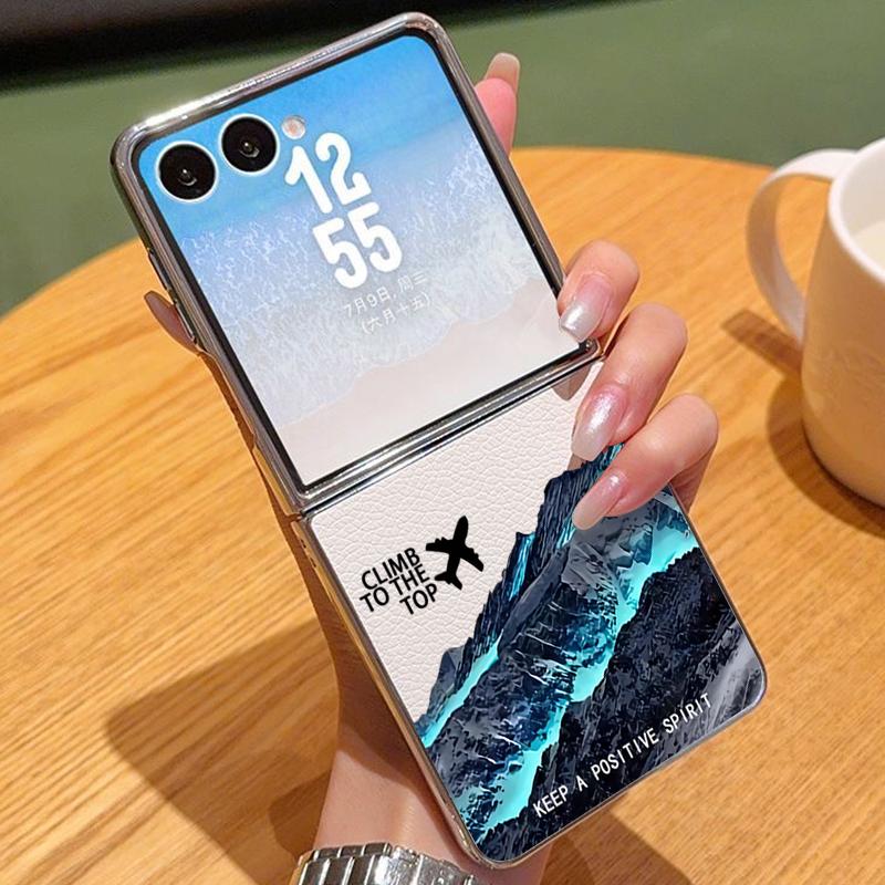 Mountain Range PU Leather Phone Case For Samsung Galaxy Z Flip7 FE Flip6 Flip 7 6 5 5G Silver Plating Frame Hard Folding Cover