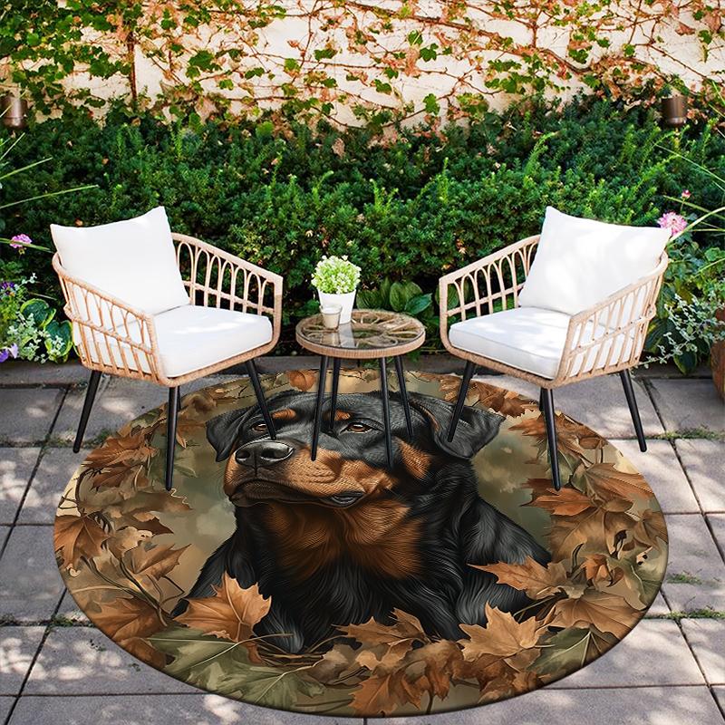 Rottweiler and leaves pattern round rug,Carpet Rug for Living Room Bedroom Playroom ,Non-slip Floor Mat,Holiday Gifts and Birthday Gifts.