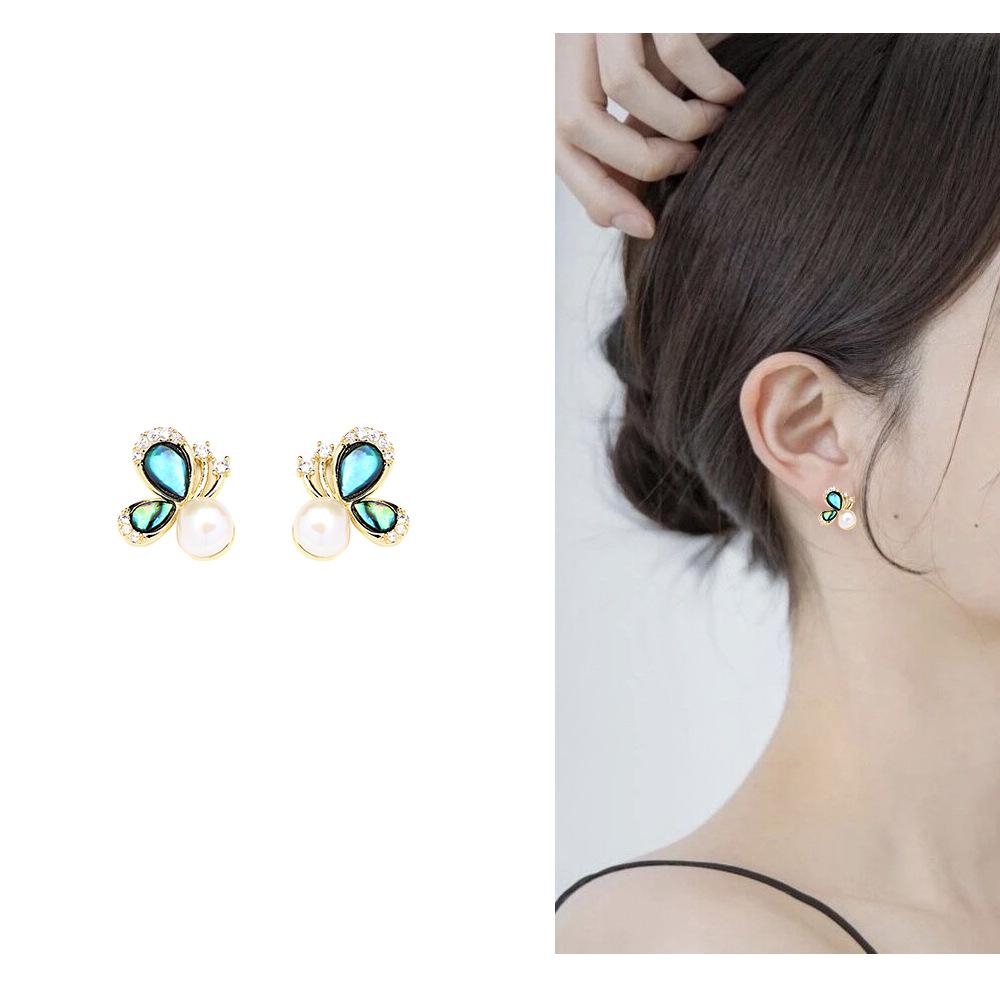 New product, sweet retro abalone shell butterfly earrings temperament diamond-set natural freshwater pearl stud earrings 925 silver needle women