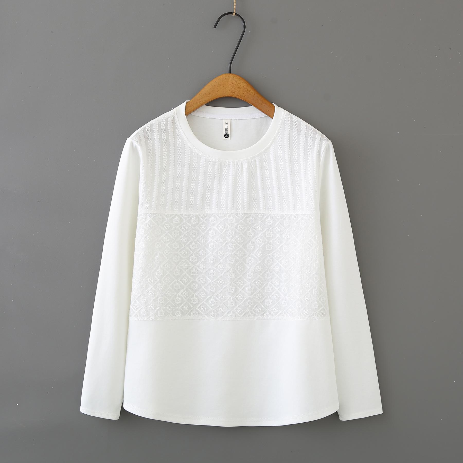 Plus Size Women s Patchwork Lace Sweatshirt: Long Sleeve, Slim Fit, Jacquard Round Neck T-shirt, Spring 2026 XL белый