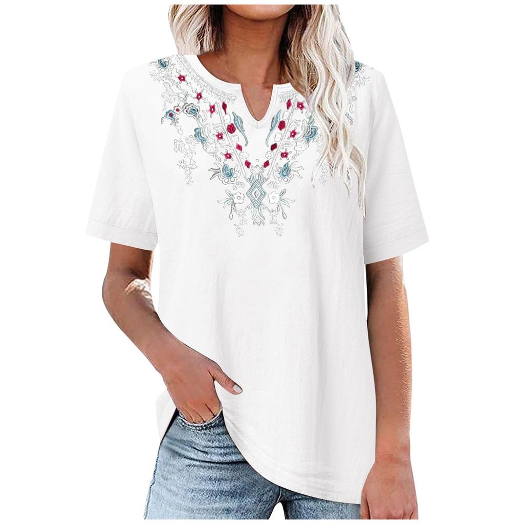 Cotton And Linen Embroidered Shirt V-Neck Color Women's Artistic Loose Fitting Short Sleeved Summer