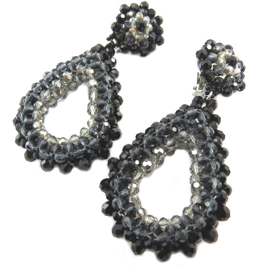 Lily-Crystal [P3694] - Clips d'oreilles artisanales 'Callas' gris noir - 8x4 cm