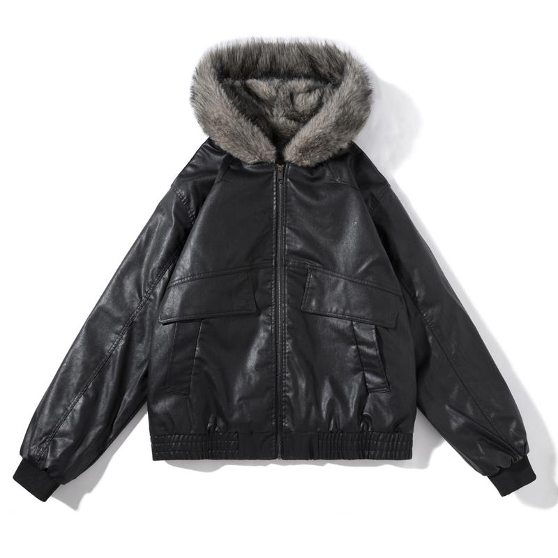Men Leather Hooded Jacket Faux Fur