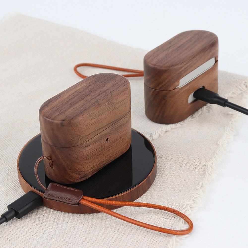 Für SONY WF-1000XM6 Solide Holz-Walnuss-Kopfhörerhülle für SONY WF-1000XM6 Magnetischer Verschluss Rundum-Hartschalenabdeckung + Kurzes Seil