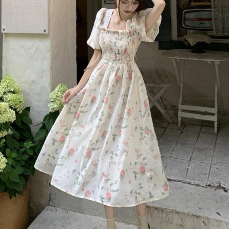 QICED Abito Chic a Collo Quadrato con Stampa Floreale Fresca Femminile Estivo Vento Leggero Vita Slimming Midi Gonna a A