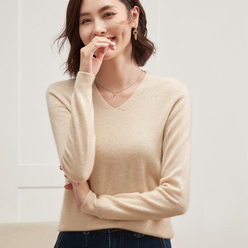 Leka Sha Women's Cashmere V-Neck Sweater, Autumn/Winter Long Sleeve, Slimming Fit, Elegant Wool Base Layer 2026