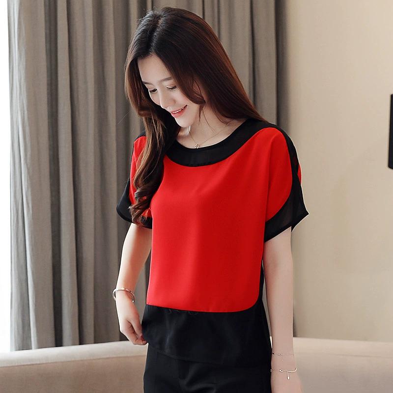 Bauch bedecken Chiffonhemd Damen Sommer Neuer Stil Western-Stil Fledermaus Kurzarm Locker Schlankmachendes Basic-Oberteil