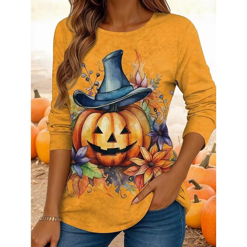 2025 Women Casual Long Sleeve Tops Graphic Halloween Pumpkin Tee Shirts Blouse Crewneck Fall Winter Streetwear Style Pullover