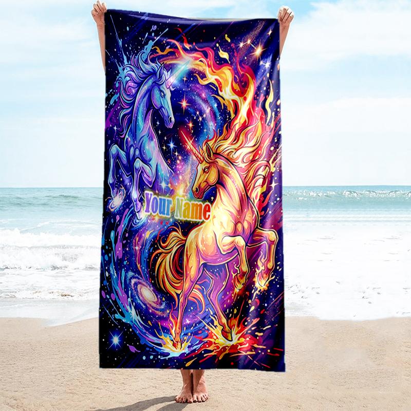 1PC Custom Name Unicorn Galaxy Fusion Beach Towel Highly Absorbent And Sand-Resistant Towel for Swimming, Pool, Yoga, And Travel Lightweight