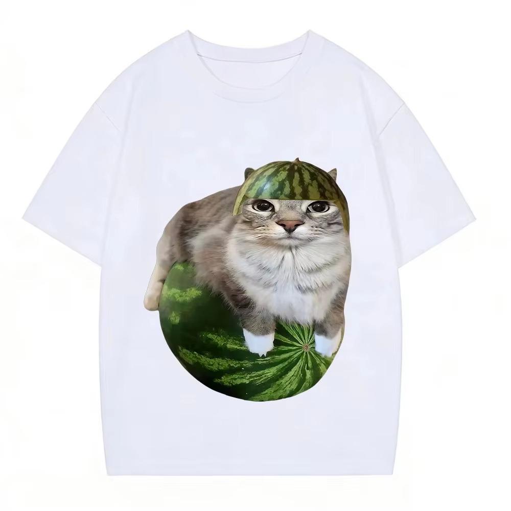 2026 Watermelon Cat Silly Cat Funny Meme T Shirts Unisexs Unisex Clothing Casual Pure Cotton Tshirt Fashion