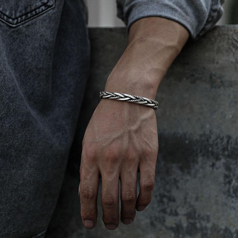 Herren Thailändisches Silber Gedreht Gewebt Offen Armbänder Armreif Neutral Retro Original Handgefertigt Exquisiter Schmuck Einzigartiges Geschenk