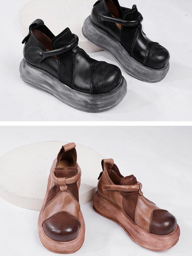 Johnature Flache Plateauschuhe aus echtem Leder für Damen, vielseitige Vintage-Schuhe mit runder Zehenpartie und dicker Sohle