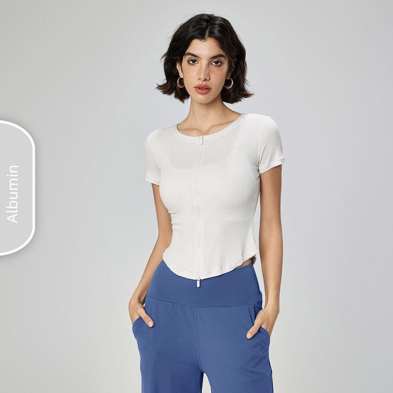

Modal Nude Feel Slim fit Sports T-shirt Women round Neck Zip-up Yoga Clothes Casual Small Waist Fitness Short sleeve Summer Albumin 4