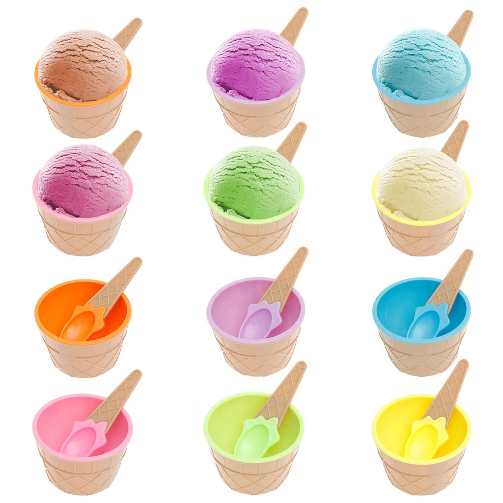 6/12Pcs Ice Cream Bowl with Spoon Plastic Candy Color Frozen Yogurt Pudding Bowl Stackable Dessert Cup for Summer Holiday Party