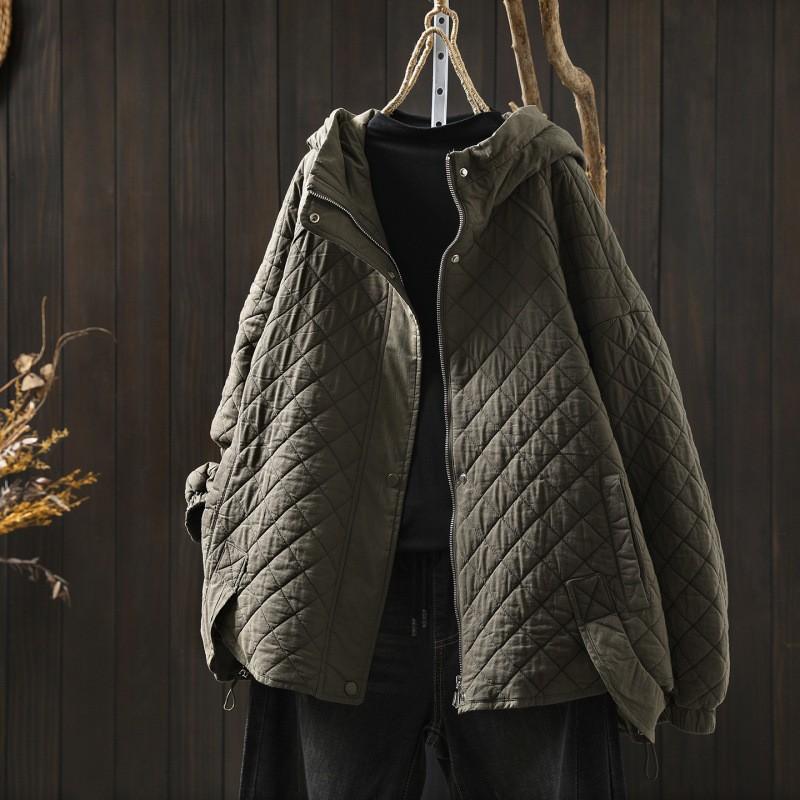 Johnature Women Vintage Winter Hooded Solid Color Button Zipper Coats 2025 Solid Color Patchwork Pockets Casual Coats