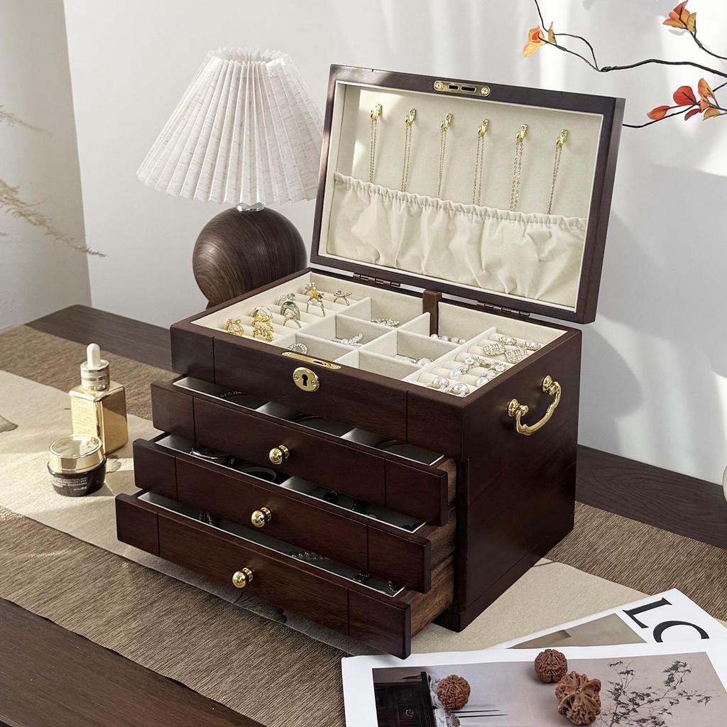 Exquisite Vintage Solid Wood Jewelry Box with Lock for Necklaces, Earrings, and Rings