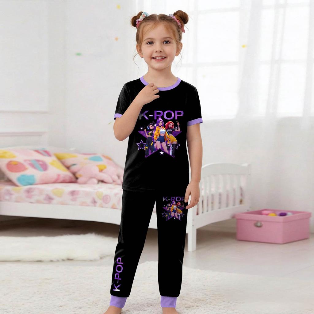 Kids Fashion Outfit Set Round Neck Short Sleeve Top and Pants Printed Design Comfortable Fit Suitable for Daily Wear and Playtime